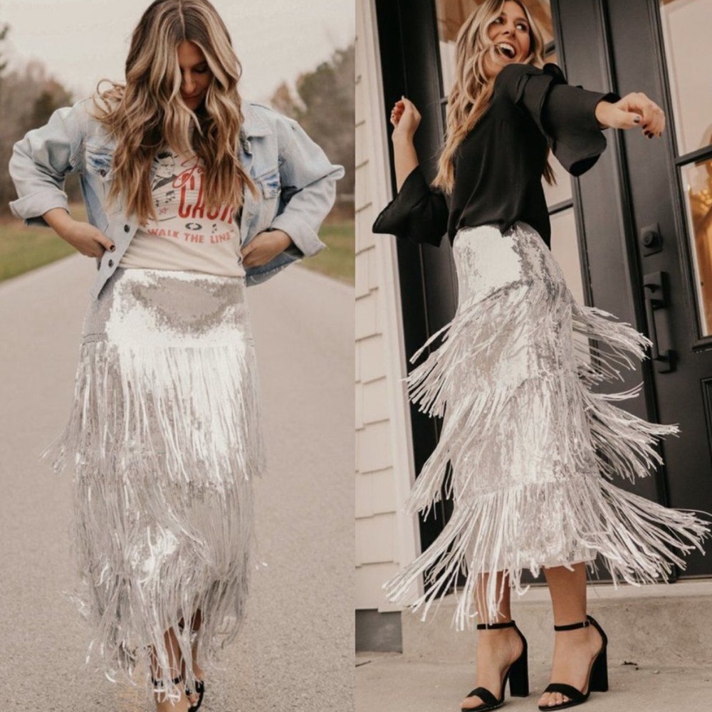 Maeve Silver Sequin Midi Skirt M